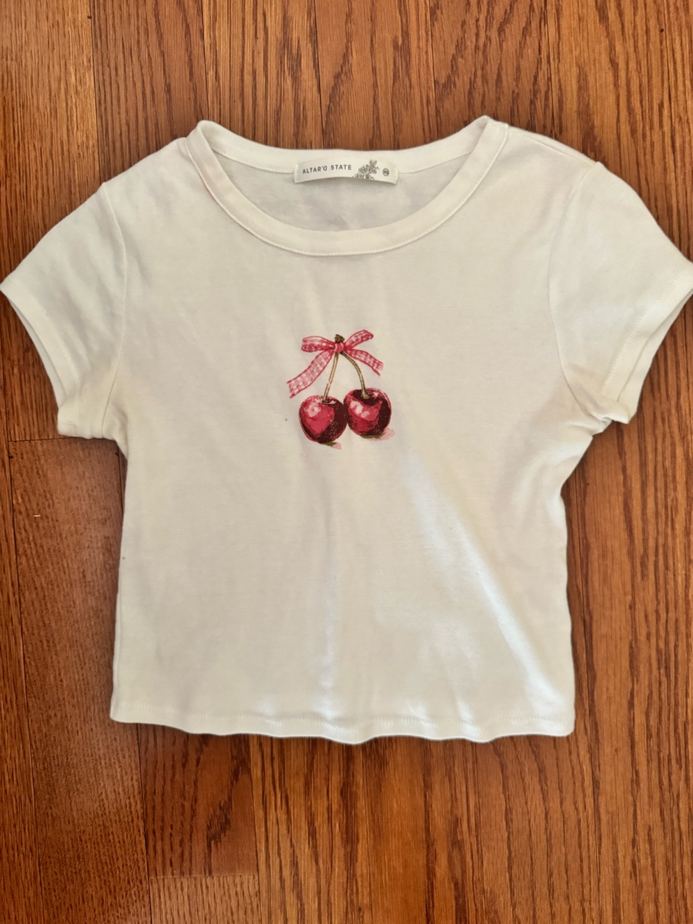 Altar'd State White Crop Top with Red Cherry Graphic